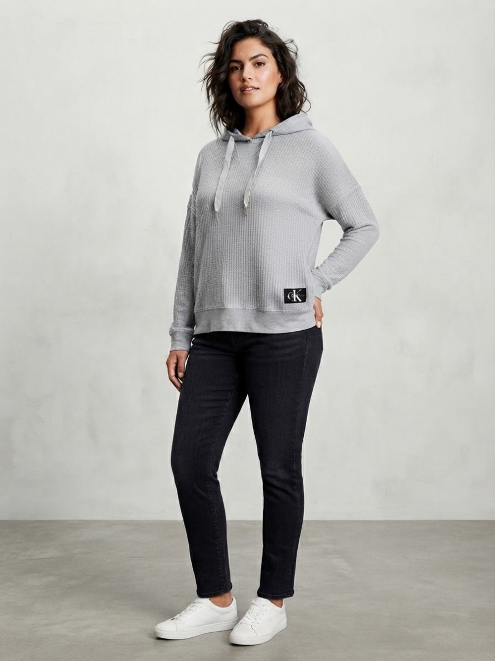 Calvin Klein Jeans Gray Waffle Knit Hoodie Women's Size M Long Sleeve Pullover